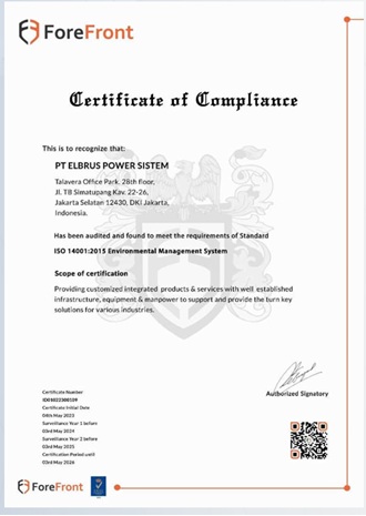 ISO 14001:2015 Environmental Management System certificate - PT Elbrus Power Sistem