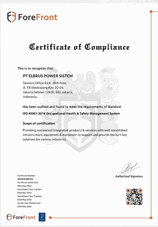 ISO 45001:2018 Occupational Health and Safety certificate - PT Elbrus Power Sistem