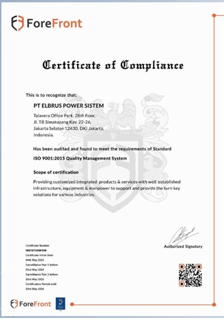 ISO 9001:2015 Quality Management System certificate - PT Elbrus Power Sistem